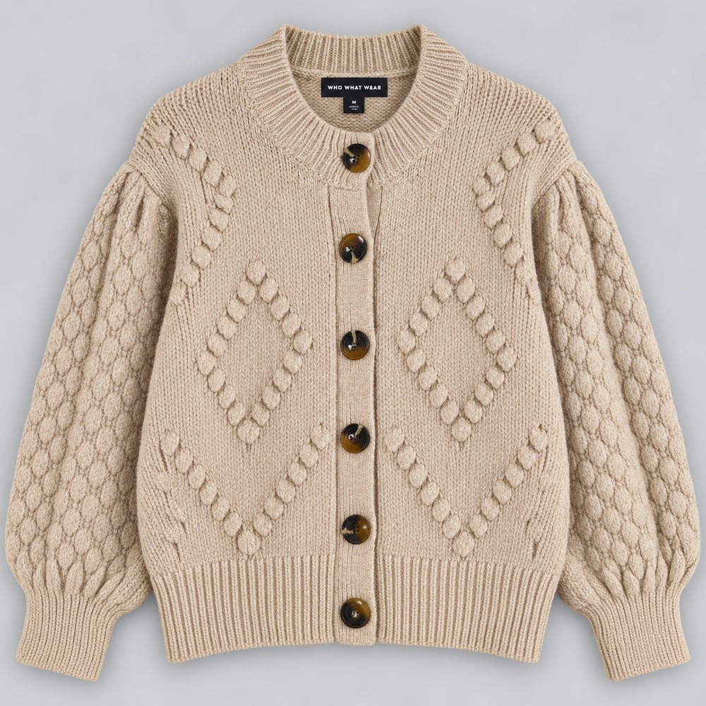 Who What Wear Womens Large Tan Bobble Knit Balloon Sleeve Cardigan Sweater